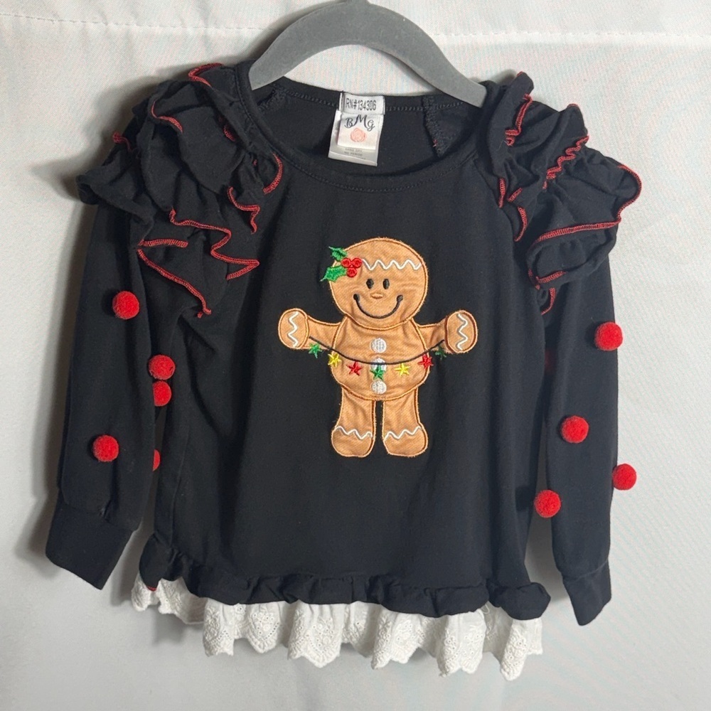 Mia Belle Girls Gingerbread Ruffle Christmas Top Black 4T Holiday Lace Trim